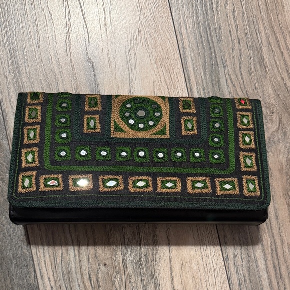 Aarong Handbags - Elegant Green and Black Embroidered Wallet